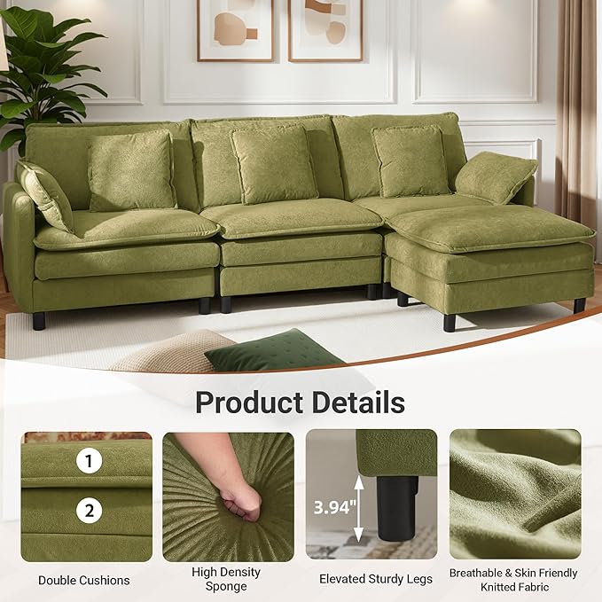 Claiks 110" Modular Sectional Sofa, Cloud Couch with Ottoman, L-Shaped 4-Seater Sofa in Chenille Fabric, Deep Seat Comfy Couch with Pillows for Living Room & Offices, Green