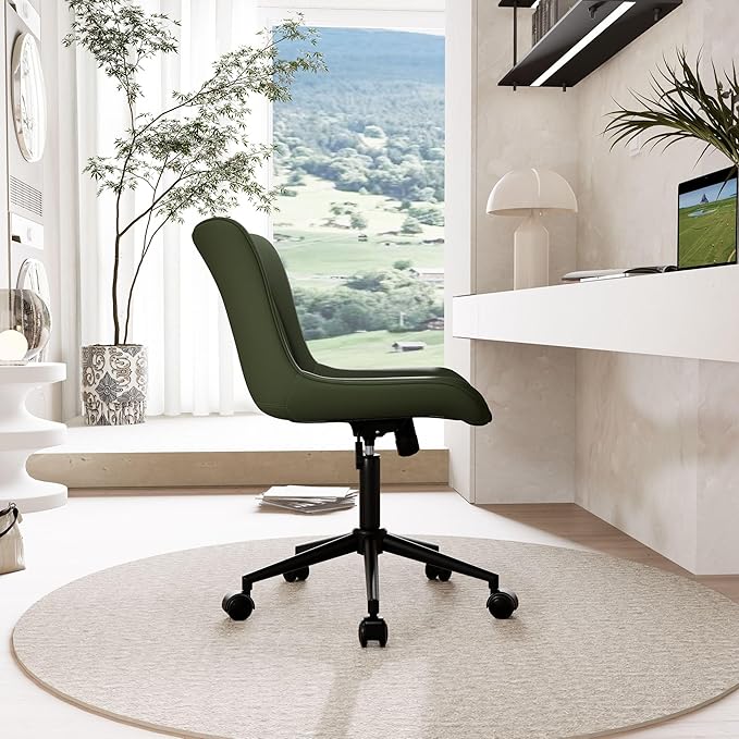YOUNIKE Office Chair, Armless Desk Chair Computer Chair with Wheels, Modern Upholstered PU Leather Task Chair, Rolling Adjustable Swivel Home Office Desk Chair, Dark Green
