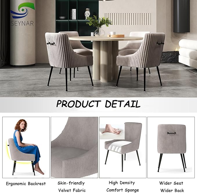 Velvet Dining Chairs Set of 8,Gray Upholstered Living Room Chairs with Black Metal Legs, Modern Tufted Accent Chairs for Living Room, Study Room, Kitchen