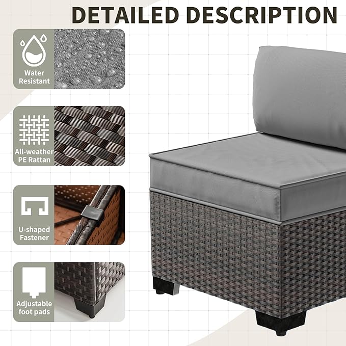 Gotland 15 Pieces Patio Furniture Set with Fire Pit Table, All Weather Rattan Outdoor Furniture with 29.5'' High Backrest 4’’ Thick Cushions Coffee Table, Patio Set for Porch, Deck, Backyard, Gray