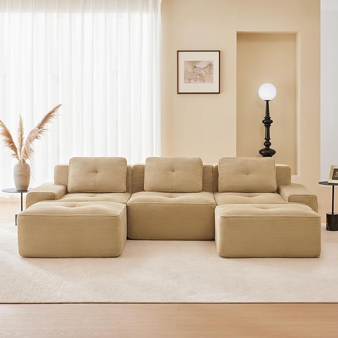 115.3'' Sectional Sofa, 32D Foam Corduroy Boneless Couch with Pillow, Deep Seat Wide Arm Sectional U Shaped Couch for Living Room, Apartment, Bedroom