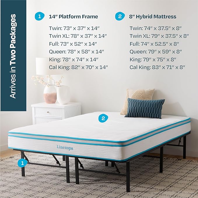 Linenspa 8” Memory Foam and Innerspring Hybrid Mattress + 14” Black Metal Platform Bedframe – Twin Mattress + Metal Folding Twin Bedframe