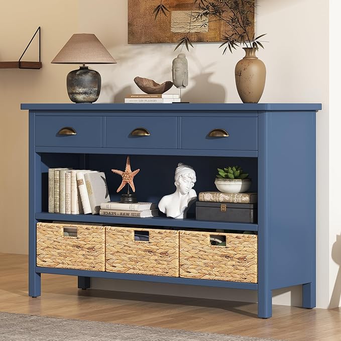 GDFStudio 47" Retro Console Table with 3 Drawers & 3 Water Hyacinth Baskets, Wooden Entryway Buffet Table with Lower Shelf, Vintage Side Board Storage Cabinet for Entryway Hallway Living Room, Navy