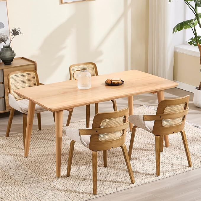 DUOMAY Modern Linen Dining Chairs Set of 4, Cane Back Room Chairs with Solid Wood Legs Kitchen Chairs for Living Room, Restaurant, Beige