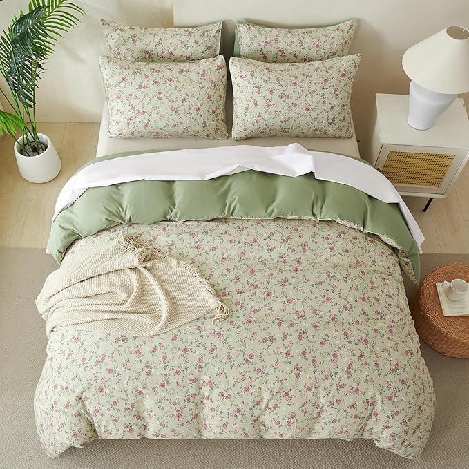 King Size Floral Comforter Set 3 Pieces Soft Cute Fresh Floral Bedding Comforter Lightweight Garden Style King Floral Botanical Comforter Set for All Seasons 1 Comforter and 2 Pillowcases