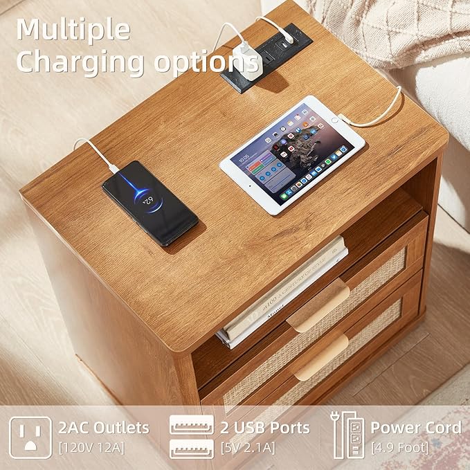 LEYAOYAO Boho Rattan Coffee Table and End Table Sets, 48" Wide Center Tables & 23" Night Stand with Charging Station Chest of Drawers, Brown Wood Coffee Table for Living Room 2 Piece Set