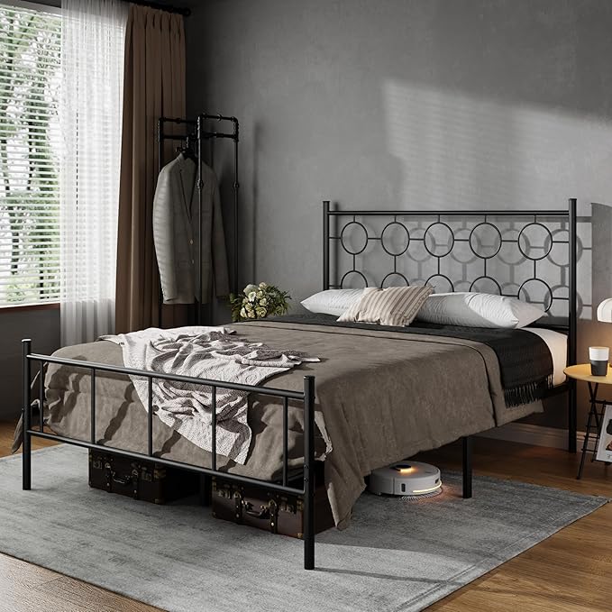 Queen Size Classic Metal Platform Bed Frame with Headboard and Footboard, Victorian Style Iron Bedframe with 12 inch of Storage Under Frame, Slat Support, No Springs Required, Easy to Assemble (Black)
