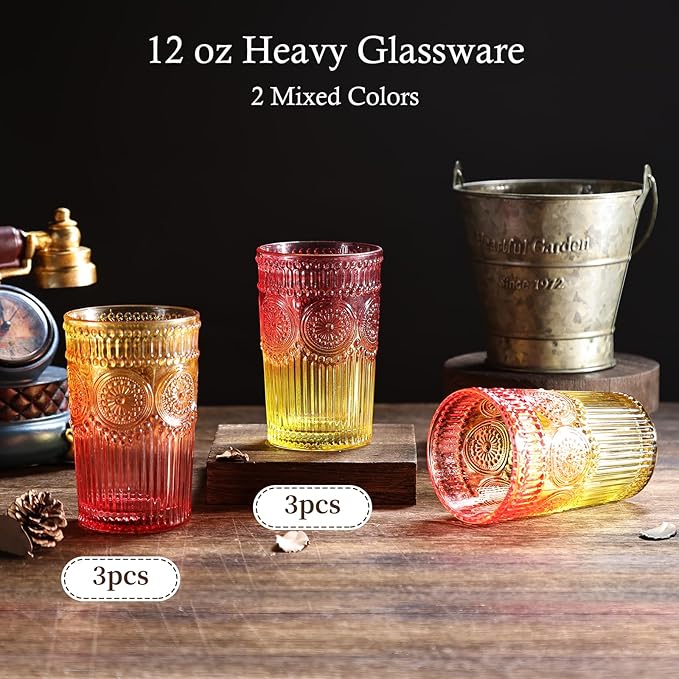 6pcs Vintage Drinking Glasses Set, 12 oz Glass Cups, Embossed Ribbed Christmas Glassware Water Tumblers for Cocktail, Water, Juice, Milk, Whiskey