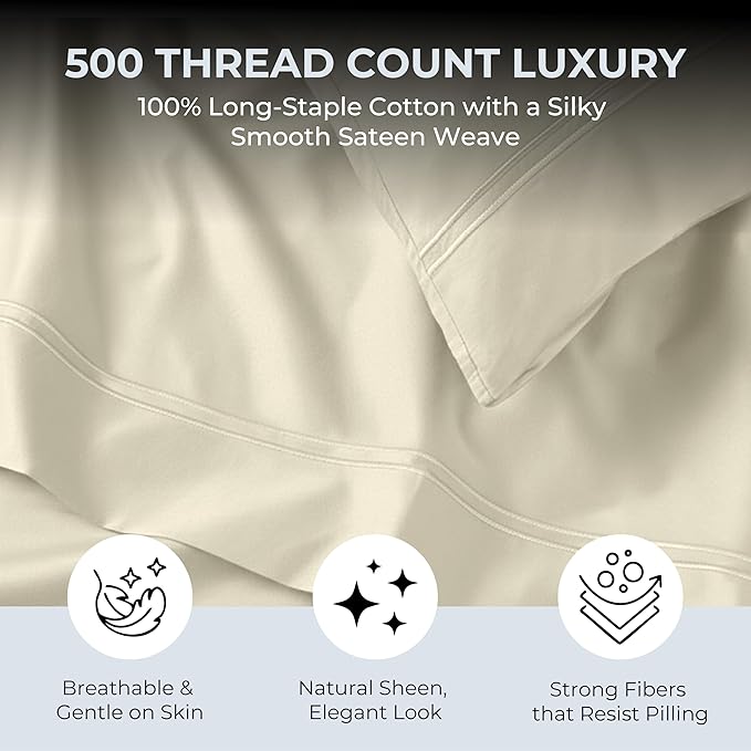 100% Natural Cotton Bed Sheets | 500 TC Single-Ply Sateen Weave Cal King Sheet Set | Soft & Hypoallergenic Solid 4-Piece Bedding with Deep Pocket Fitted, Flat, Pillowcase | Cream Beige