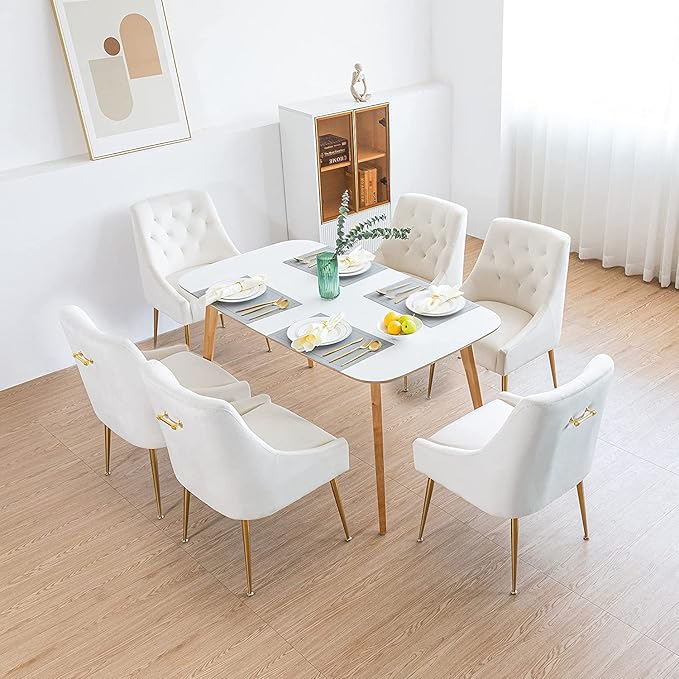 Modern Dining Chairs Set of 4, Mid Century Chairs with 5.12” Cushions and Golden Legs, Velvet Upholstered Dining Chairs with Back Pull Rod, for Kitchen, Living Room (Beige)