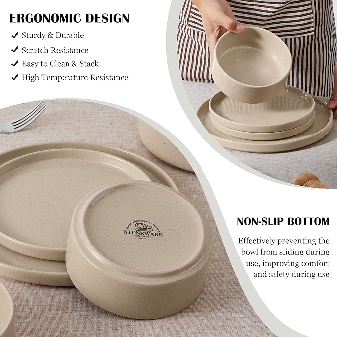 E-far Stoneware Dinnerware Sets, 12-Piece Plates and Bowls Dish Set for 4, Kitchen Modern Dinning Ware, Chip and Scratch Resistant, Microwave & Dishwasher Safe, Speckled Khaki