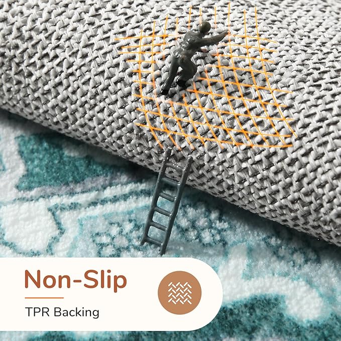 OPPODREAM Thin Area Rugs 9x12 Living Room, Washable Rugs 9x12 with Non Slip Backing, Faux Cashmere Low-Pile 9 x 12 Carpet, Teal & Turquoise & Cream