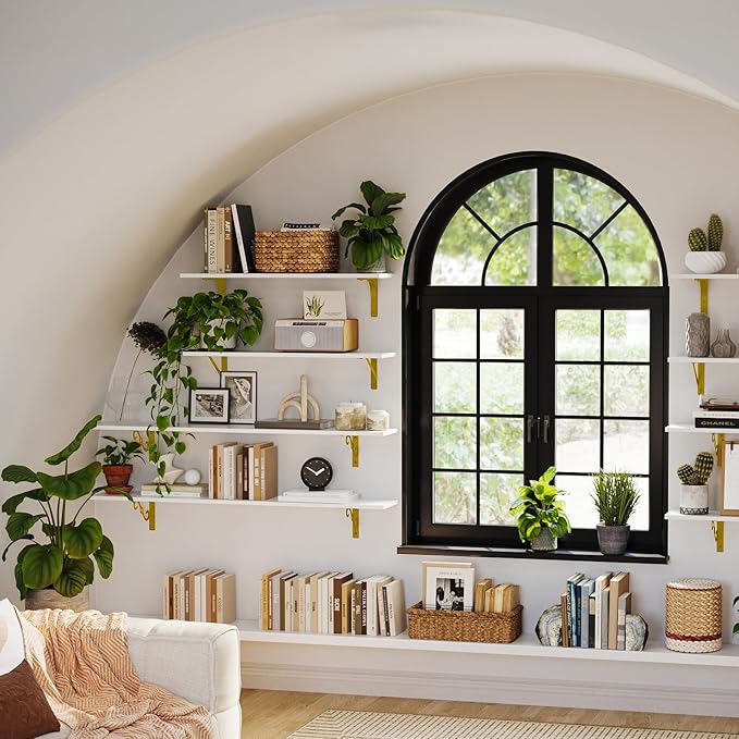 DINZI LVJ Long Wall Shelves, 47.3" Large Floating Shelves Set of 4, Farmhouse Display Shelf Wall Mounted with Heavy Duty Bracket, Easy Assembly for Kitchen, Bathroom, Bedroom, Balcony, White and Gold