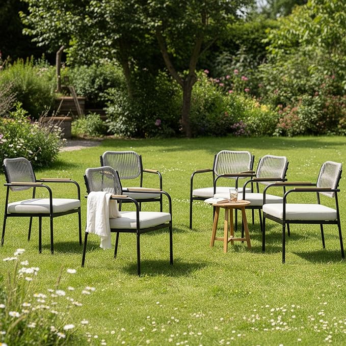 Outdoor Dining Chairs Set of 6, Wicker Patio Dining Chairs with Removable Cushions, Rectangle Patio Table Chair, All Weather Outdoor Chairs, Metal Lawn Chair for Adults/Indoor/Deck, Beige