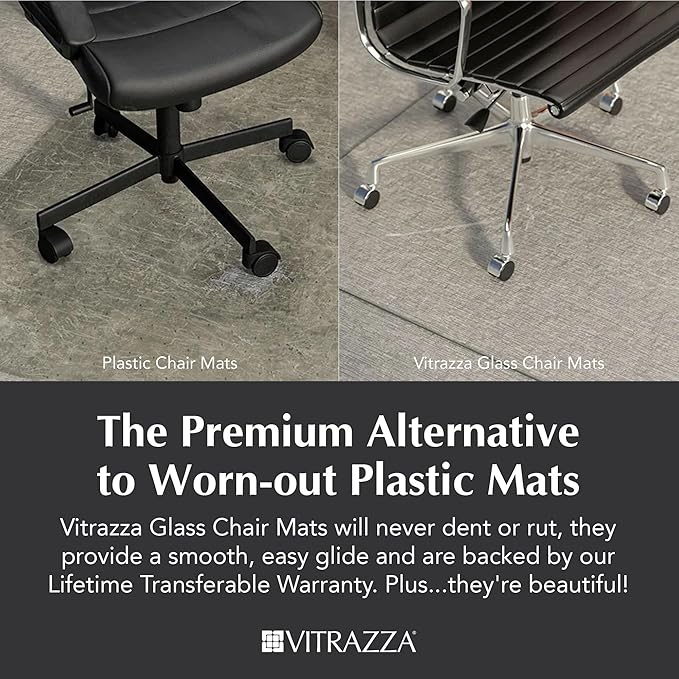 Vitrazza Glass Chair Mat 45” x 53” Superior ¼ Thick, Luminoso Low-Iron Ultra Clear, Certified Tempered Safety Glass, Delivers a Smooth Glide, Protects Carpet or Wood, Beautiful in Home or Office.