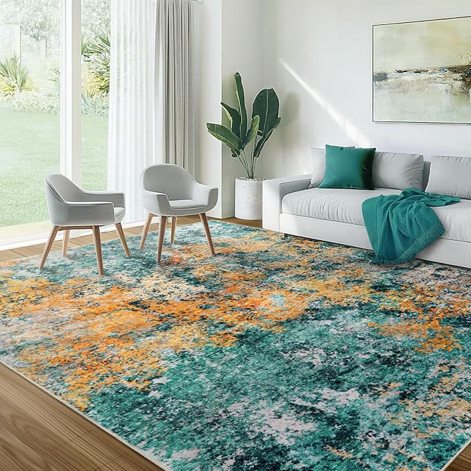 Washable Area Rug for Living Room: 10X14 Modern Abstract Neutral Soft Rug for Bedroom Dining Room No Slip Low Pile Carpet for Nursery Home Office - Teal/Orange