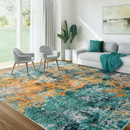 Washable Area Rug for Living Room: 10X14 Modern Abstract Neutral Soft Rug for Bedroom Dining Room No Slip Low Pile Carpet for Nursery Home Office - Teal/Orange