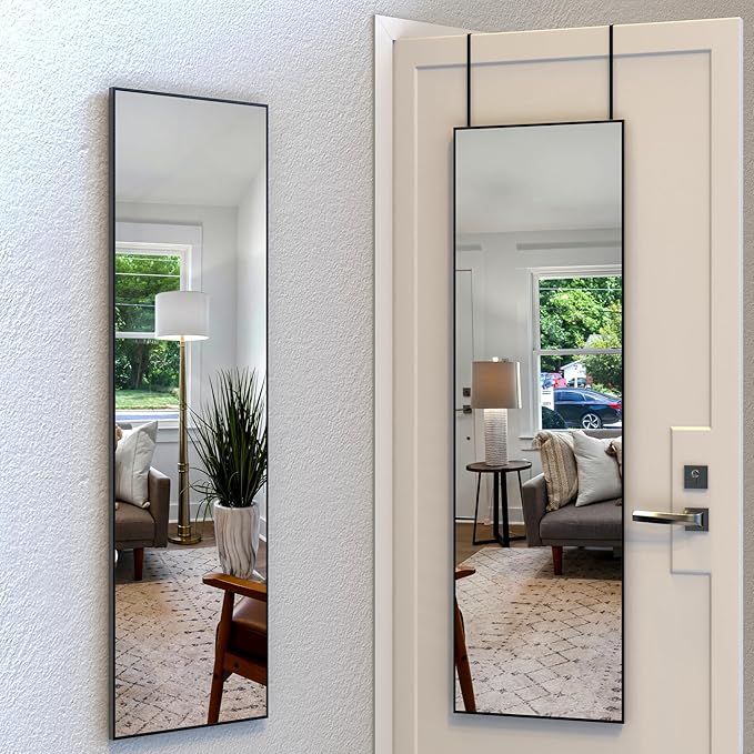 ANYHI Large Full Length Mirror, 60" x 18" Door Mirror Full Length, 2 Hooks, Over The Door or Wall Monuted, Aluminum Frame, for Bedroom Bathroom Checkroom, Black