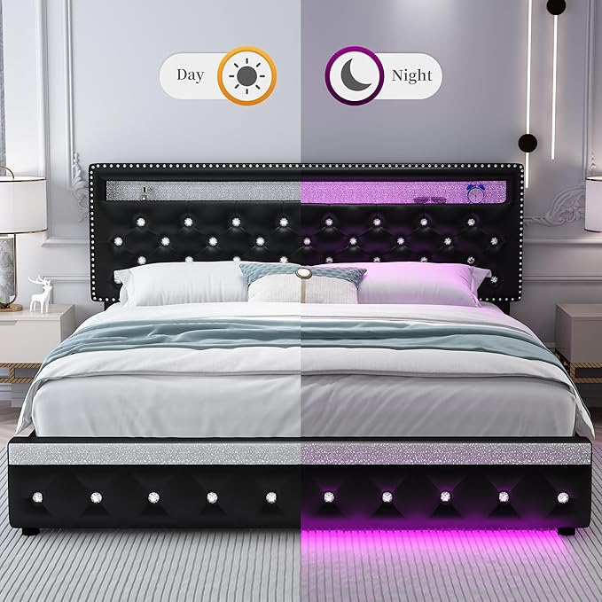 Full Led Bed Frame with 2 Drawers, Heavy Duty Sturdy Metal Platform Bed Frames Full Size with Adjustable Height Crystal Button Tufted Headboard, Easy Assembly, No Box Spring Needed, PU Black