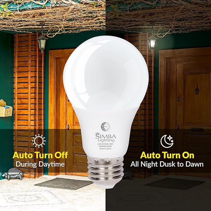 Simba Lighting LED Outdoor Light Bulbs with Photocell Sensor Dusk to Dawn Smart Auto On and Off (4 Pack) A19 6W 40W Replacement for Porch, Night Light, Garage Door, E26 Medium Base, 5000K Daylight