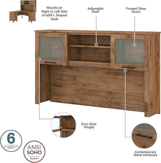 Bush Furniture Somerset 60W L Shaped Desk with Hutch in Fresh Walnut