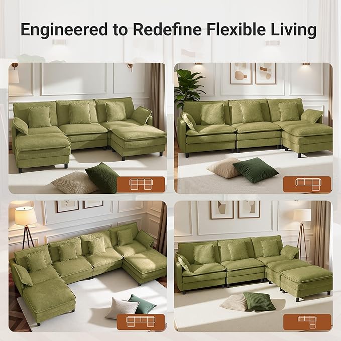 Claiks 110" Modular Sectional Sofa, Cloud Couch with Ottoman, U-Shaped 5-Seater Sofa in Chenille Fabric, Deep Seat Comfy Couch with Pillows for Living Room & Offices, Green