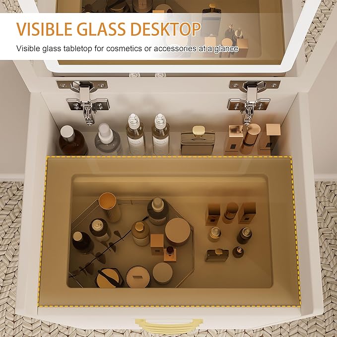 Ball & Cast 3-in-1 Vanity Desk with Flip Mirror & Glass Desktop,3 Dimmable Colors Light Compact Makeup Vanity Table Set w/3 Deep Drawers,Adjustable Brightness Dressing Table for Women Girls Bedroom