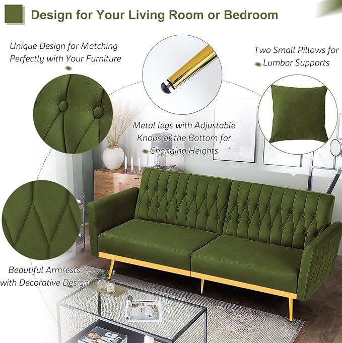70” Velvet Futon Sofa Bed w/Adjustable Armrests & 2 Pillows, Convertible Futon Couch w/Adjustable Backrests, Modern Sleeper Bed for Living Room, Bedroom, Olive Green