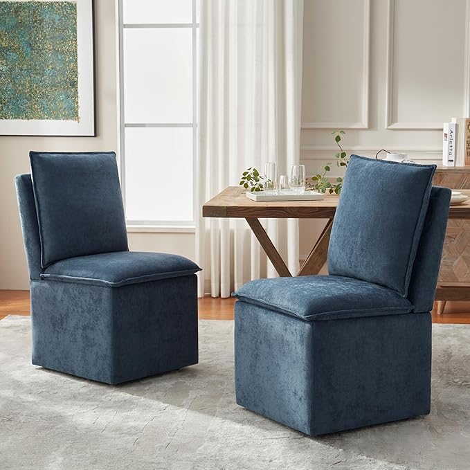 VKNOW Upholstered Dining Chairs Set of 2, Modern Rolling Chairs with Storage and Wheels, Linen Armless Chair with Cushion and Backrest, Dining Room Chairs for Living Room Kitchen Bedroom, Nav
