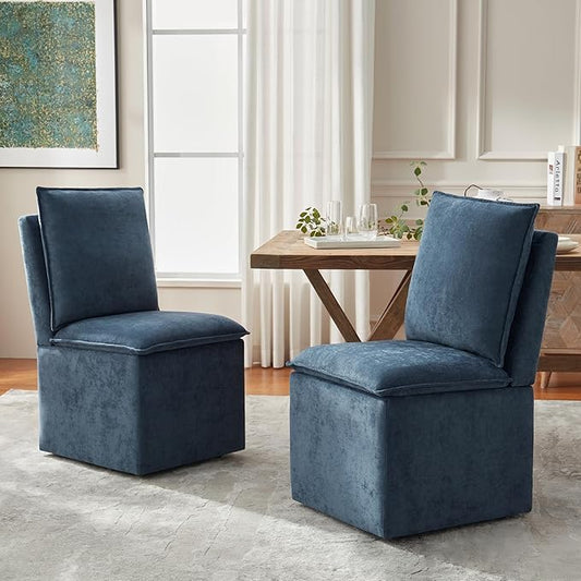 VKNOW Upholstered Dining Chairs Set of 2, Modern Rolling Chairs with Storage and Wheels, Linen Armless Chair with Cushion and Backrest, Dining Room Chairs for Living Room Kitchen Bedroom, Nav