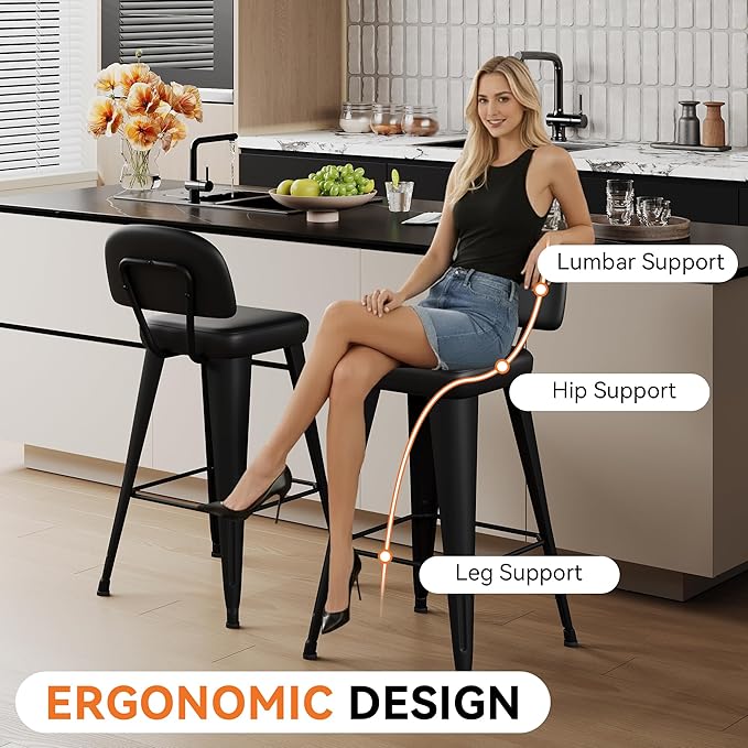 Aklaus PU Leather Metal Bar Stools 26 inch Faux Leather Counter Height Barstools Set of 2 Modern Farmhouse Bar Chairs with High Backs and Faux Leather Seat for Kitchen Island Dining Room Matte Black
