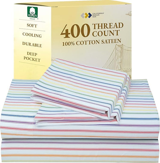 California Design Den Rainbow Striped King Size Sheets Set - Luxury 400 Thread Count Sateen, Natural 100% Cotton Sheets, Deep Pockets, Cooling and Durable Bedding Set - Rainbow Striped