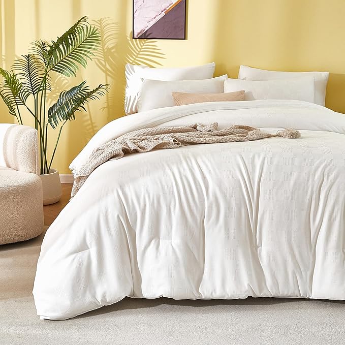 3 Pieces White Waffle Queen Comforter Set, Lightweight Comfy Breathable Waffle Weave Comforter All Season Soft Bedding (90x90 in Comforter & 2 Pillowcases)