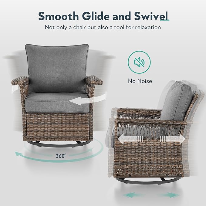 Outdoor Swivel Glider Chairs Set of 2 - Hollow Widen Armrests Wicker Patio Furniture Set, Comfortable High Back Outside Swivel Rocker for Balcony Porch Deck and Yard - Brown/Gray