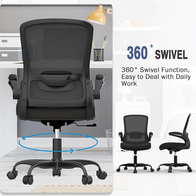 Mimoglad Ergonomic Office Chair - BIFMA Certified, Flip-up Armrests & 135° Recline, Adjustable Lumbar Support - Space-Saving Task Chair for Business/Team Office & Home (Black, 300lbs)