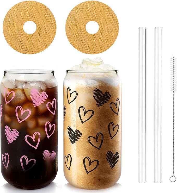 Mason Life Iced Coffee Cups, Valentines Cups Gifts for Her Women 18 OZ Hearts Cup Beer Glass, Love Can Couple Drinking Glasses, Glass Cups with Bamboo Lids and Straws, Valentines Day Gifts - 2 Sets