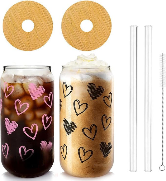 Mason Life Iced Coffee Cups, Valentines Cups Gifts for Her Women 18 OZ Hearts Cup Beer Glass, Love Can Couple Drinking Glasses, Glass Cups with Bamboo Lids and Straws, Valentines Day Gifts - 2 Sets