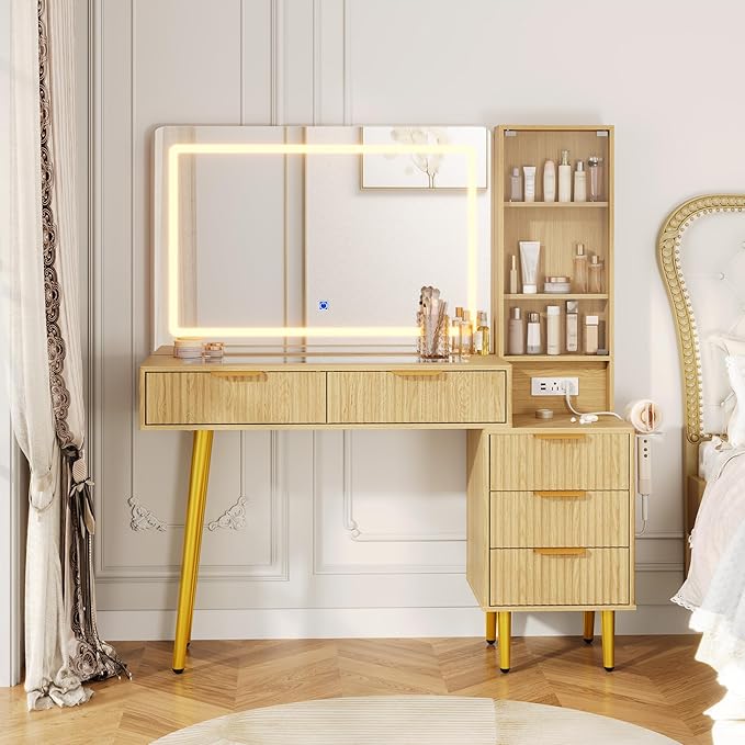Makeup Vanity Desk with Mirror and Lights, 48" Fluted Makeup Table with Glass Top, Vanity Desk with 5 Drawers, Open Shelf & Power Outlet, Modern Dressing Table for Bedroom Living Room
