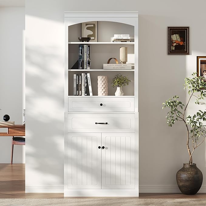 Tall Cabinet with 2 Drawers and Doors, Multi-Functional Storage Unit/Bookcase, Kitchen Cabinets, Pantry Cupboard for Living Room/Home Office/Bathroom, White