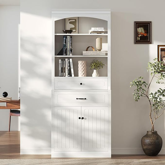 Tall Cabinet with 2 Drawers and Doors, Multi-Functional Storage Unit Set/Bookcase, Kitchen Cabinets, Pantry Cupboard for Living Room/Home Office/Bathroom, White