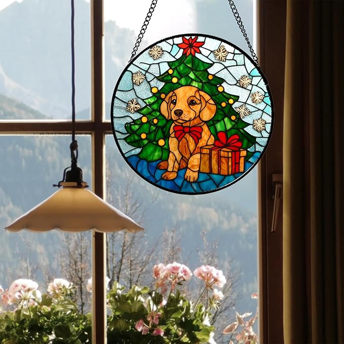 Stained Glass Window Hanging Green Christmas Tree Snowflake Dog 9.8" - Suncatcher Door Garden Sun Catcher Xmas Holiday Decor Birthday for Mom Men Woman Friend Nana