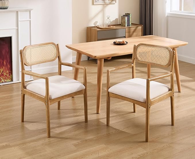 EALSON Rattan Dining Chairs with Arms Set of 6 Mid Century Dining Room Chairs with Wood Legs Linen Upholstered Kitchen Chairs Farmhouse Cane Back Arm Chairs for Living Room, Beige, Light Natural