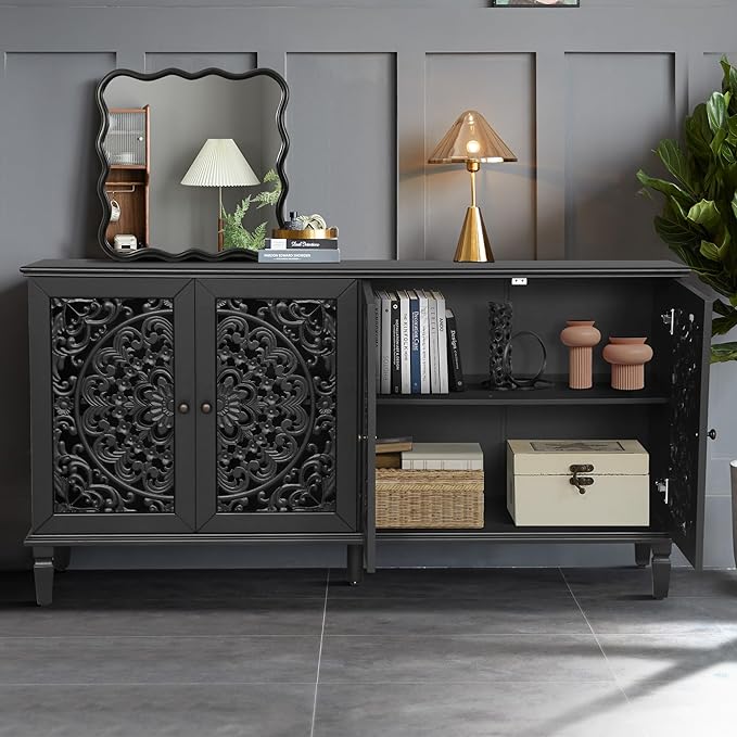 Retro 60'' Large Storage Cabinet Sideboard with 4 Hollow-Carved Doors and Adjustable Shelves, Acacia Wood Vintage Entryway Console Table TV Stand for Living Room Dining Room (Black-LK)