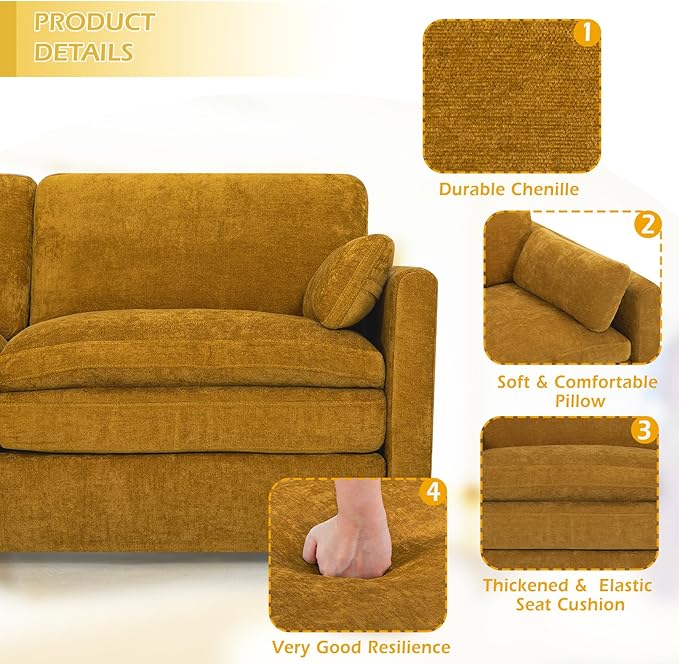 3 Pieces Chenille Sofa Set w/Arm Pillows, Upholstered 2 Pieces Loveseat & 3 Seater Sofa w/Comfortable Back Cushions, Modern 2-Seat & 3-Seat w/High-Density Foam for Living Room, Yellow