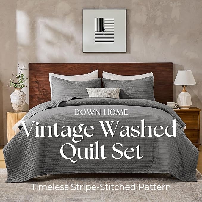 DOWN HOME King Quilt Bedding Set with Shams, Vintage Washed Soft Quilted Blanket Thin Comforter Lightweight Bedspread Coverlet Bed Cover, Brushed Microfiber Stripe Stitching, Ash Gray, 104"x90"