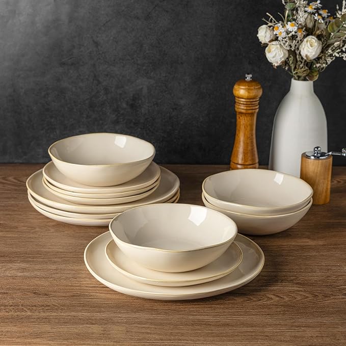 AmorArc Ceramic Dinnerware Sets,Handmade Reactive Glaze Stoneware Plates and Bowls Sets,Highly Scratch Resistant | Dishwasher & Microwave Safe Dishes Set,Service for 4 (12pc)