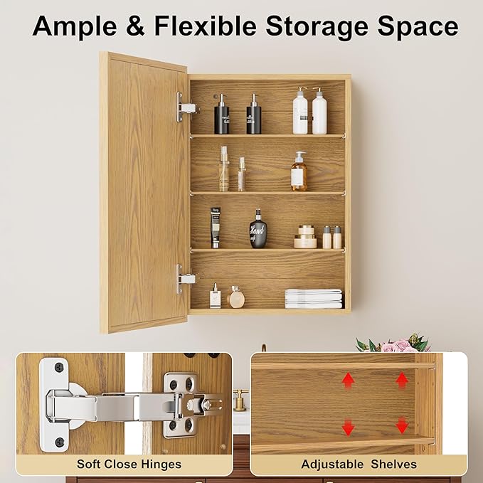 20x28 Inch Wood Medicine Cabinet with Mirror, Surface or Recessed Mounted Bathroom Cabinets with Adjustable Shelves, Soft-Close Hinges, Wall Mounted Cabinet for Storage, Oak-Grain