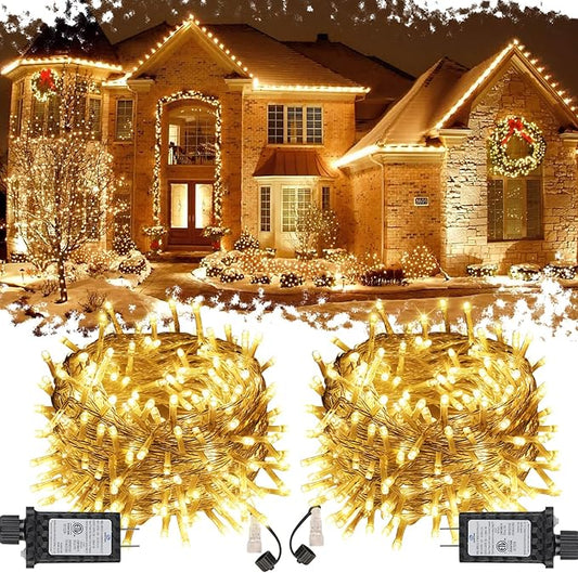 2-Pack Total 136FT 400LED Connectable String Lights Indoor Outdoor Clear Wire, Warm White Christmas Tree Lights Waterproof with 8 Modes & Timer, Twinkle Lights for Xmas Tree Decorations
