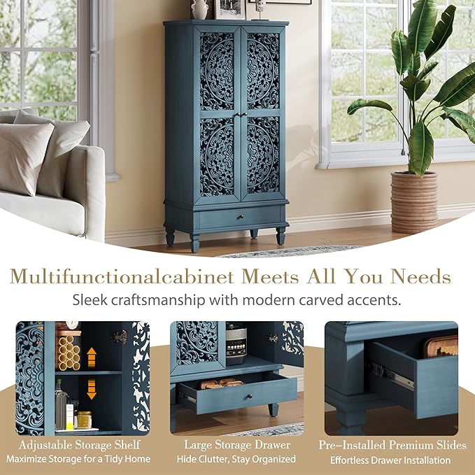 Rustic 55'' Tall Storage Cabinet with 2 Hollow-Carved Doors a Drawer, Wood Accent Cabinet with Solid Wood Legs for Living Room, Hallway, Dining Room (Antique Blue-T)