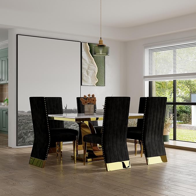 AUZ Dining Chairs Set of 6, Black and Gold Dining Room Chairs with Nailhead Trim and Gold Legs, Black Velvet Upholstered Dining Chair for Dining Table, Kitchen and Dining Room, Modern Luxury Style